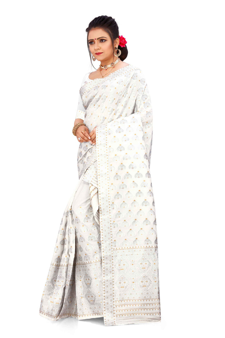 Silver Jari Bedsheet Mix Set Mekhela Sador