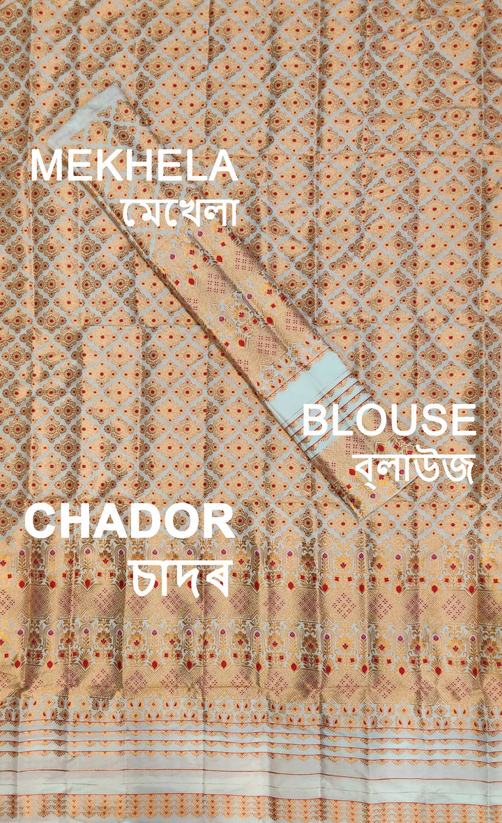 White Mix Set Mekhela Sador - Red Mina
