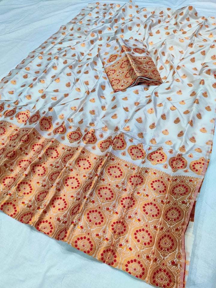 White Mix Set Mekhela Sador - Red Mina
