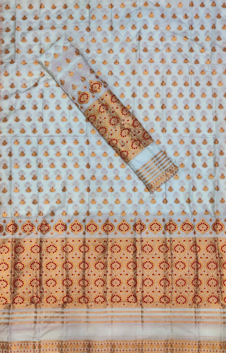 White Mix Set Mekhela Sador - Red Mina