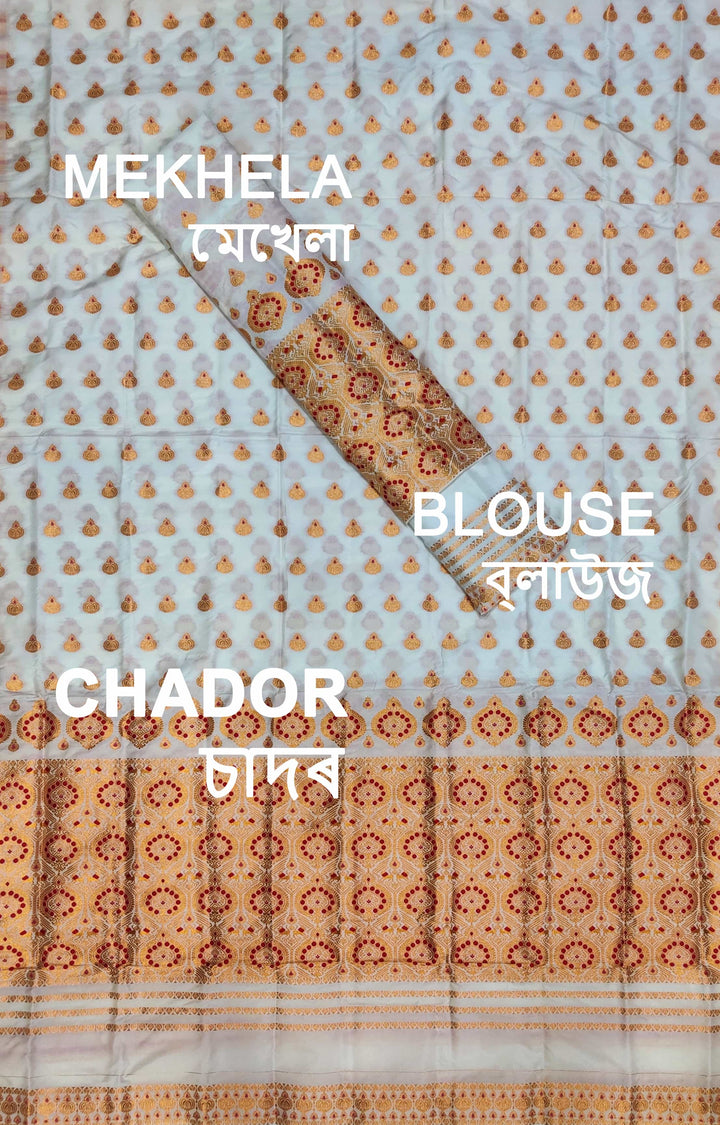 White Mix Set Mekhela Sador - Red Mina