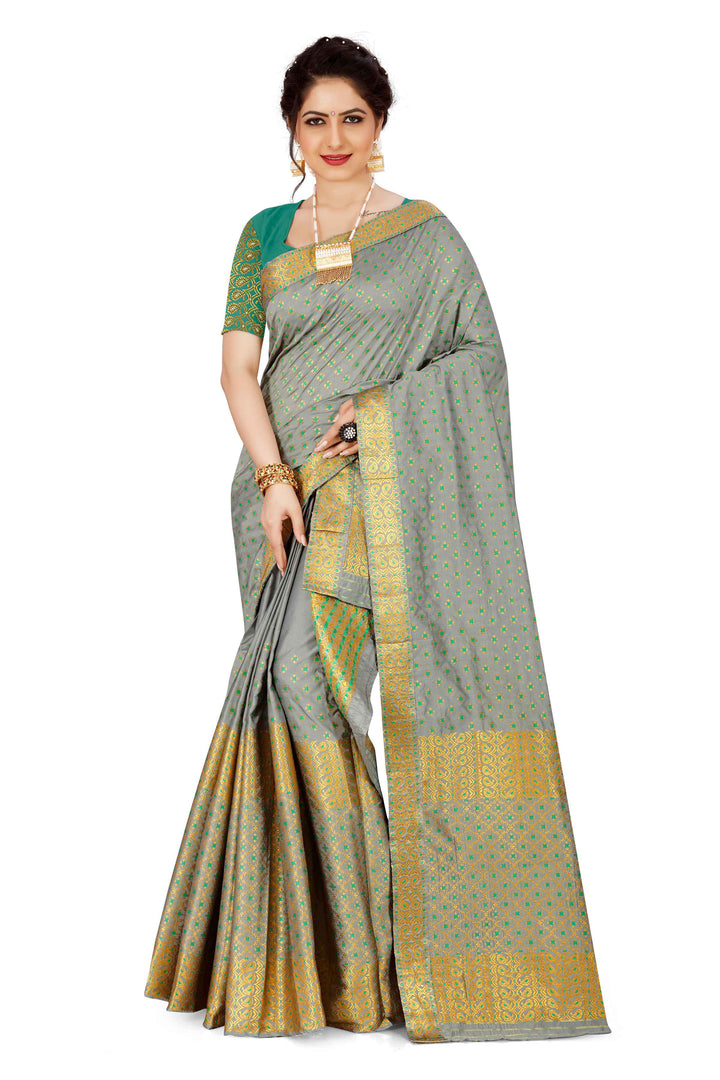 Gold Jari All Over Mix Set Mekhela Sador - Contrast Blouse