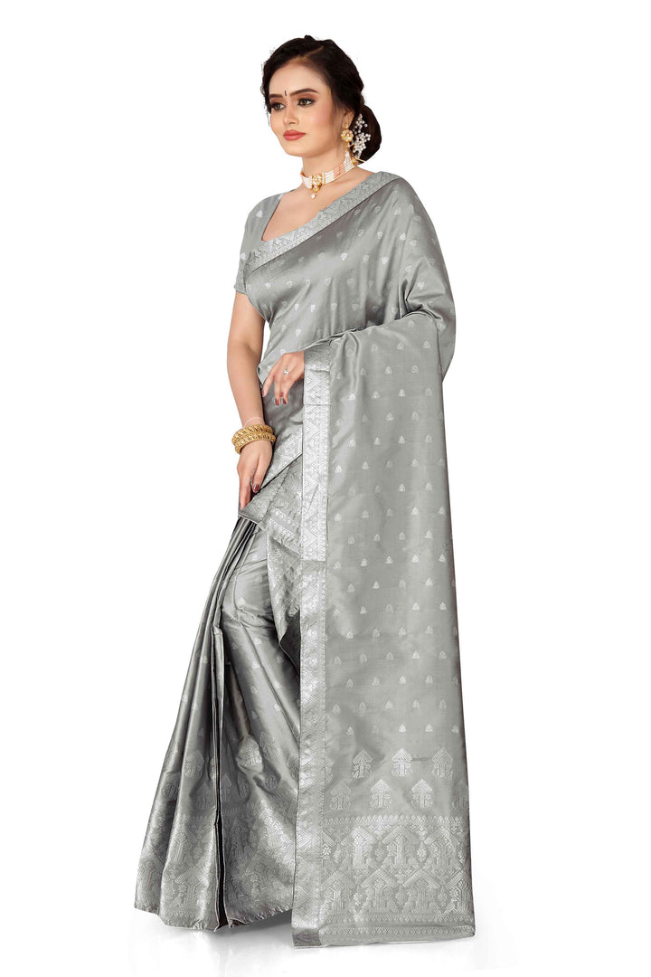 Silver Jari Poly Set Mekhela Sador